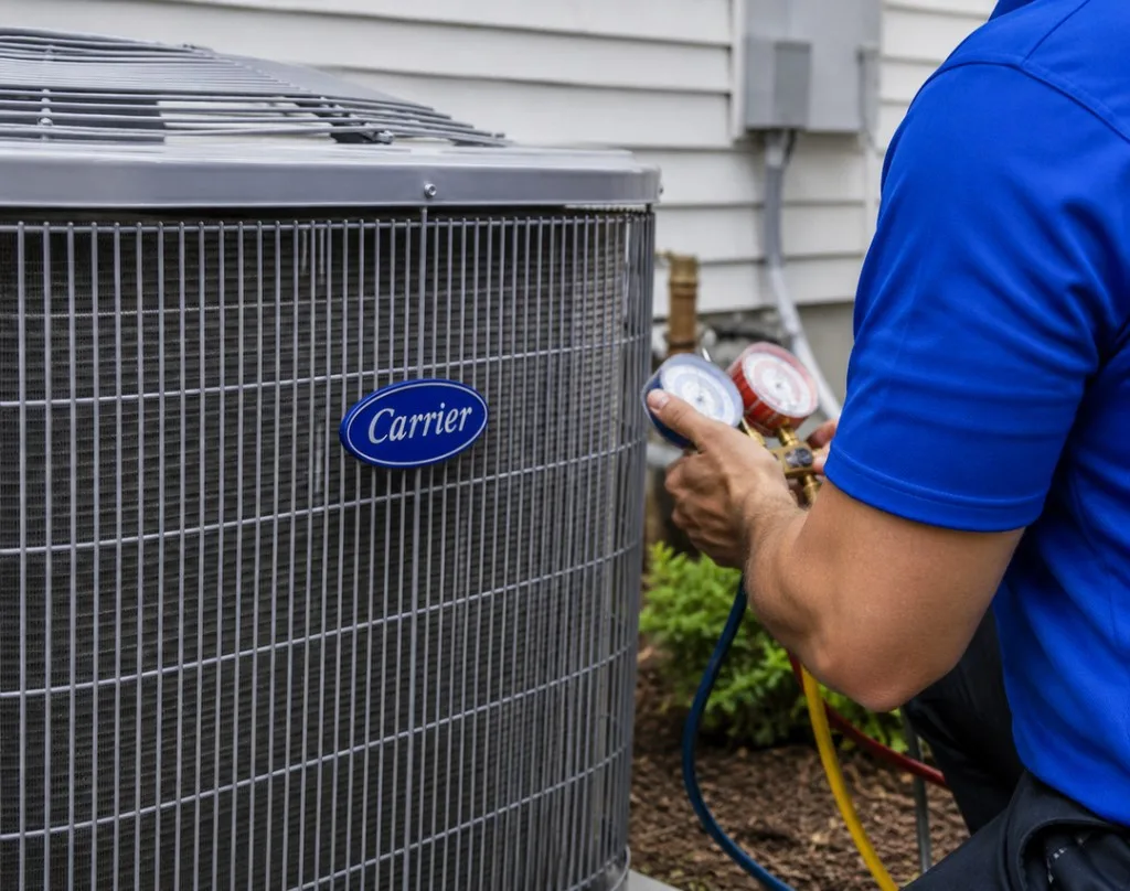 Technician checking refrigerant pressures with gauges on a ductless outdoor condenser during a maintenance visit
